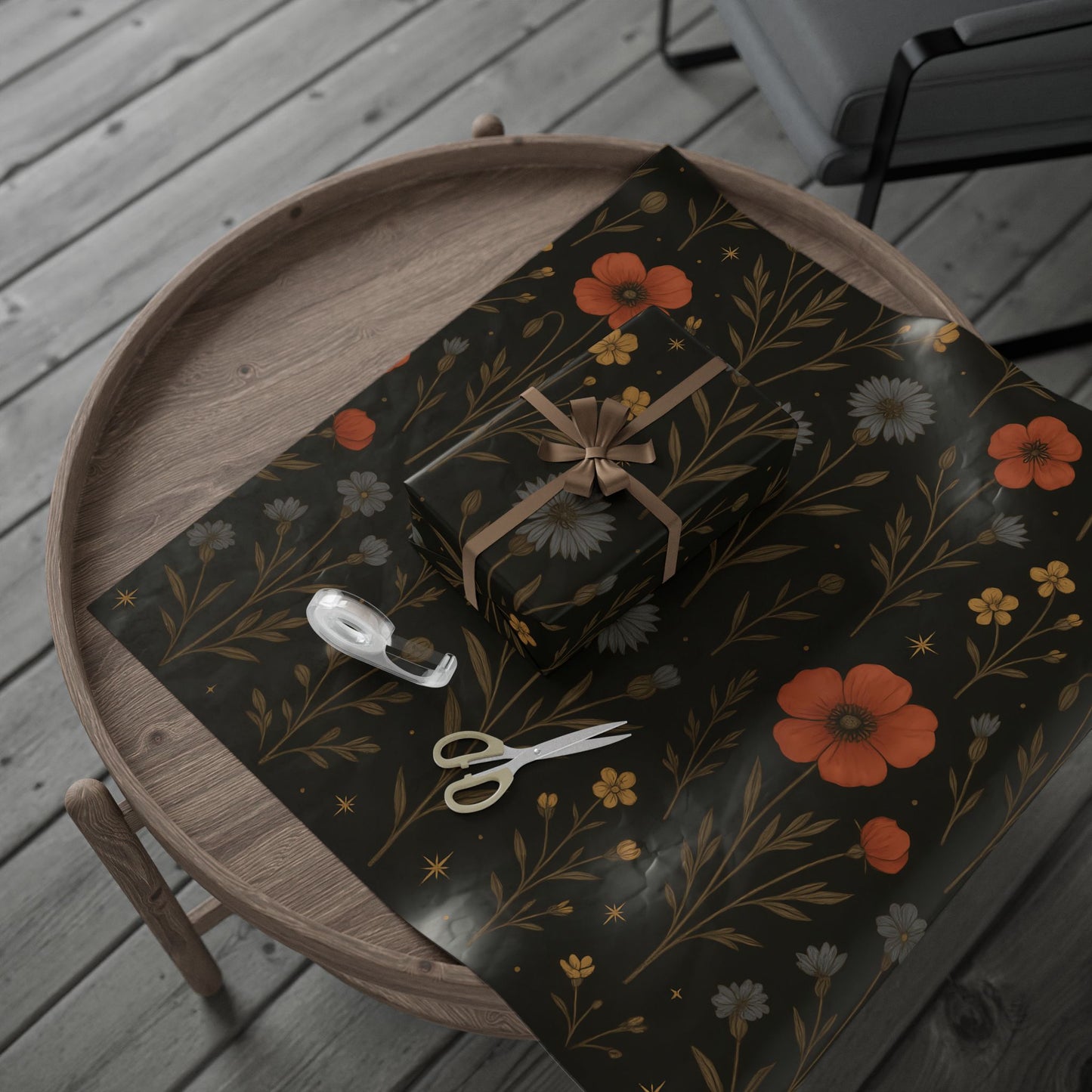 Moody Wildflower Wrapping Paper – Vintage Floral on Black Background