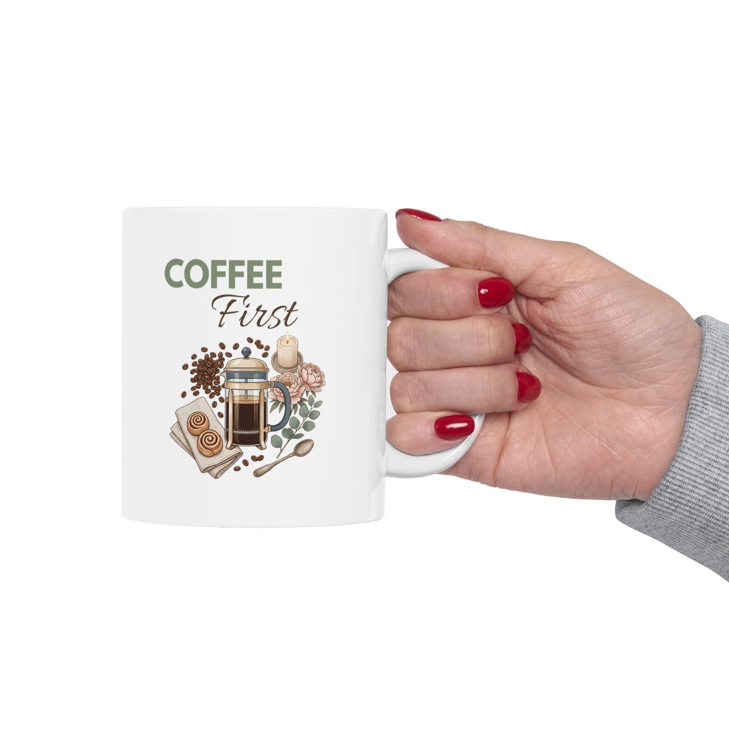 Coffee First Ceramic Coffee Mug – Coffee Lover Gift Mug – Cozy Floral French Press Coffee Cup – 11oz & 15oz