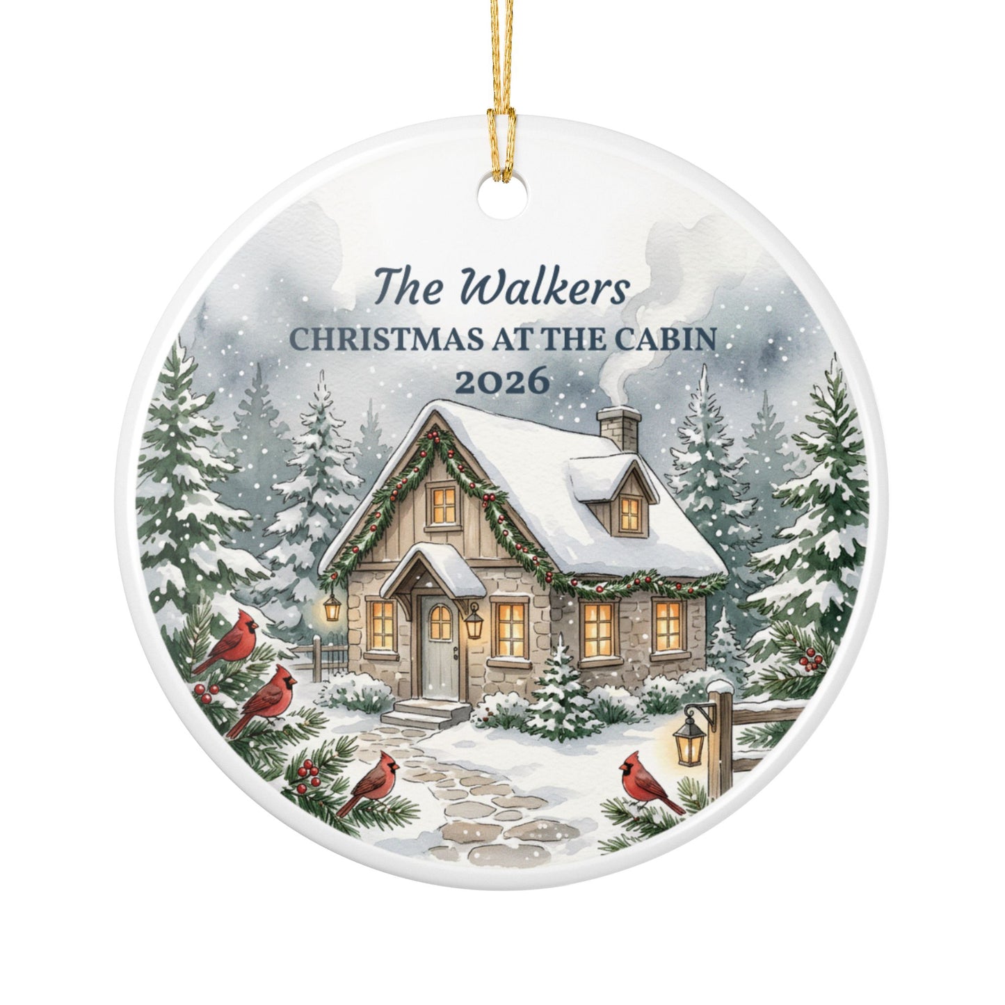 Personalized Ceramic Christmas Ornament – 'Christmas at the Cabin' Snowy Cottage (Custom Name & Year)