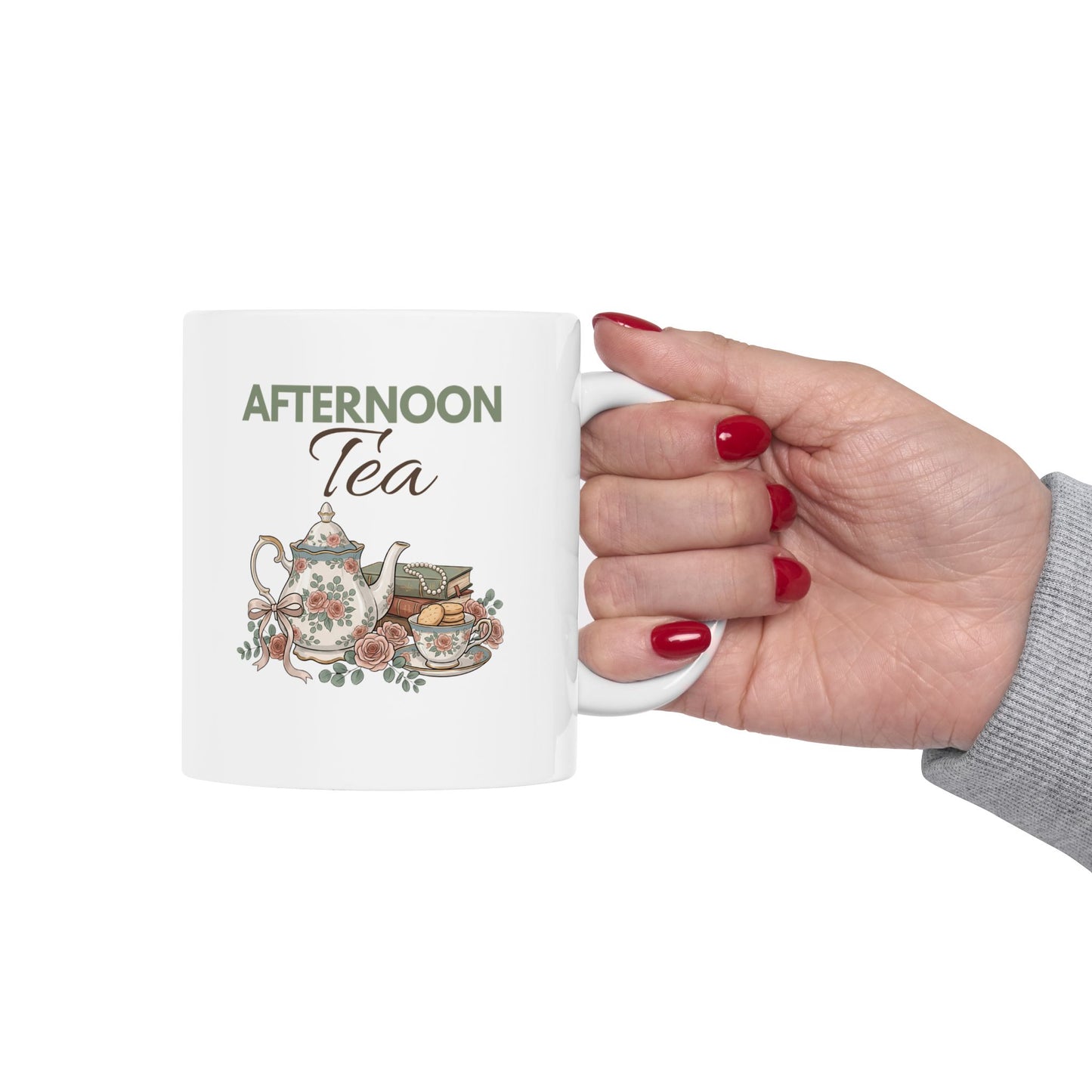 Afternoon Tea Ceramic Coffee Mug – Floral Tea Lover Mug – Vintage Teapot Tea Cup – Cozy Gift for Tea Lovers – 11oz & 15oz