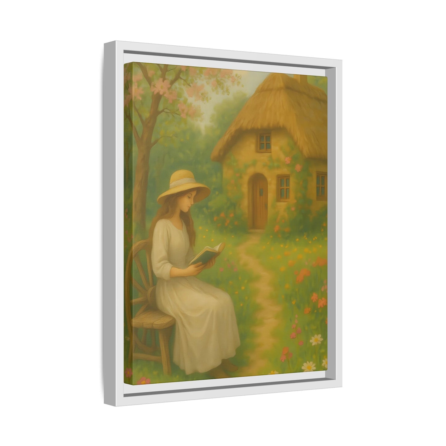 Cottage Garden Reader – Framed Matte Canvas Wall Art of Woman Reading by a Thatched Cottage