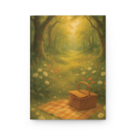 Golden Picnic Path Hardcover Journal – Whimsical Forest & Basket-Inspired Notebook