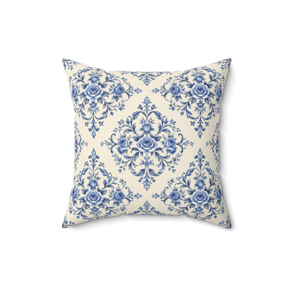 Blue Delft Floral Throw Pillow — Vintage Damask Square Accent Pillow