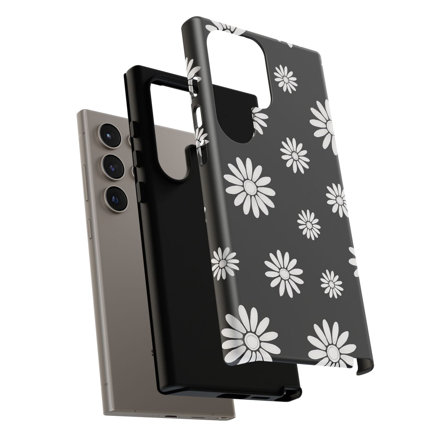Retro Black & White Daisy Phone Case – Bold Floral Pattern with 3D Wrap Design