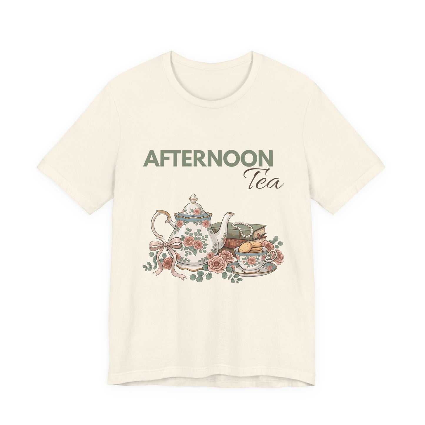 A natural colored t-shirt with 'AFTERNOON Tea' on the front.