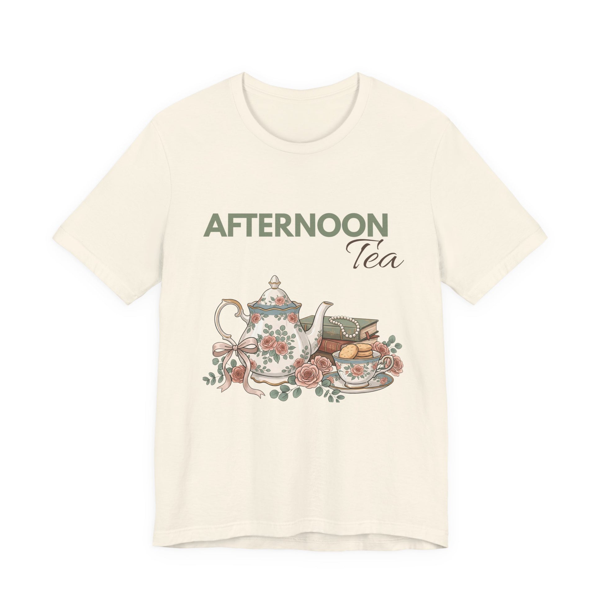 A natural colored t-shirt with 'AFTERNOON Tea' on the front.