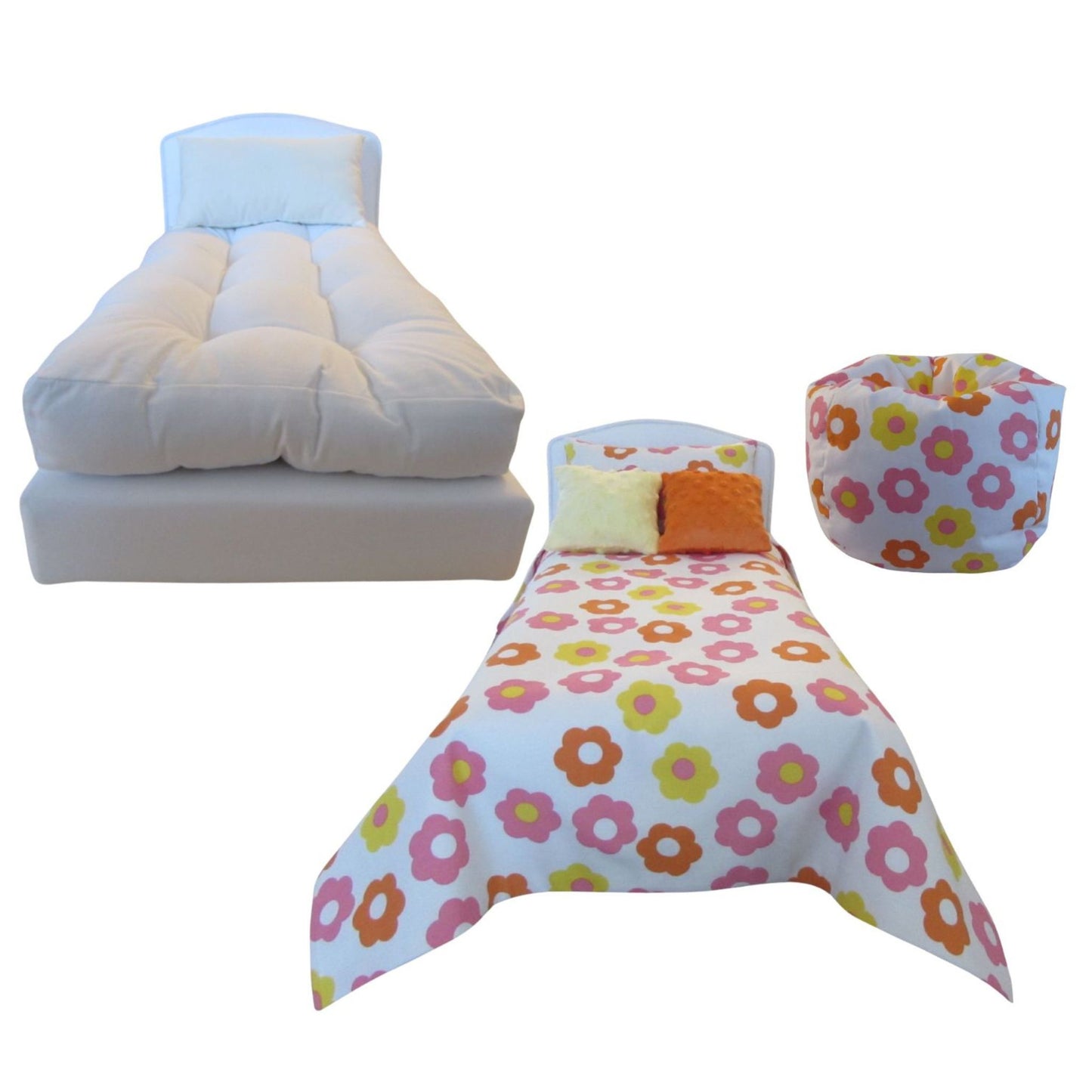 Children's bed with floral bedding and matching pillow on a white background