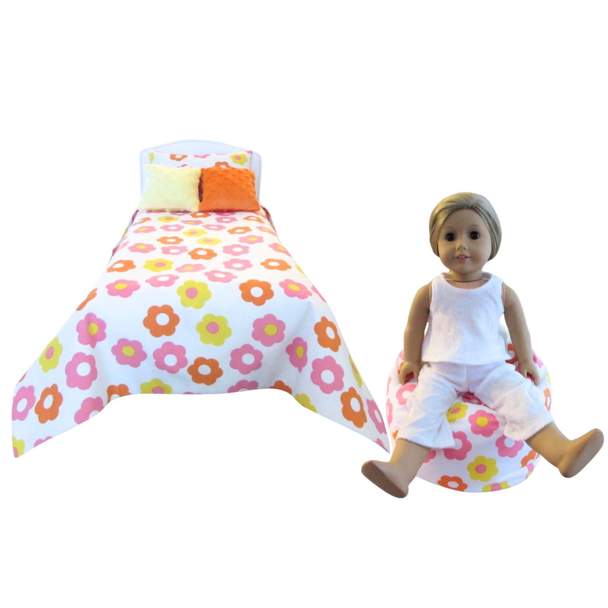 Doll with a floral bed on a white background