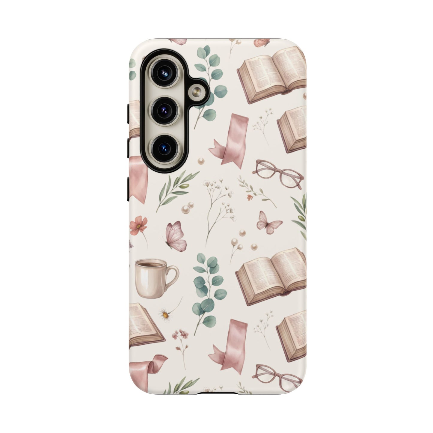 Bookish Floral Phone Case — Cozy Reading Pattern with Open Books, Glasses & Coffee