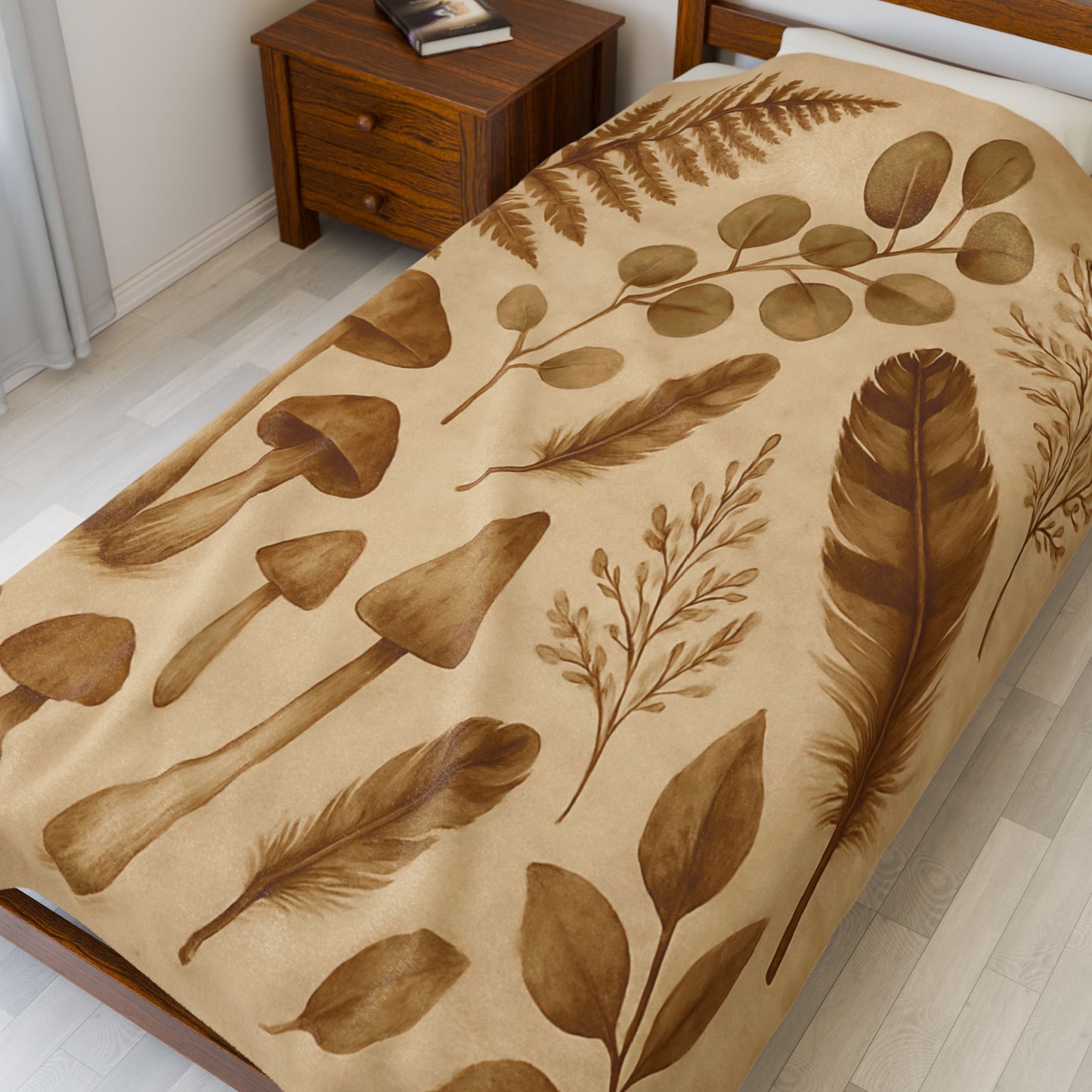 Botanical Mushroom & Fern Plush Blanket - Earthy Nature-Inspired Throw