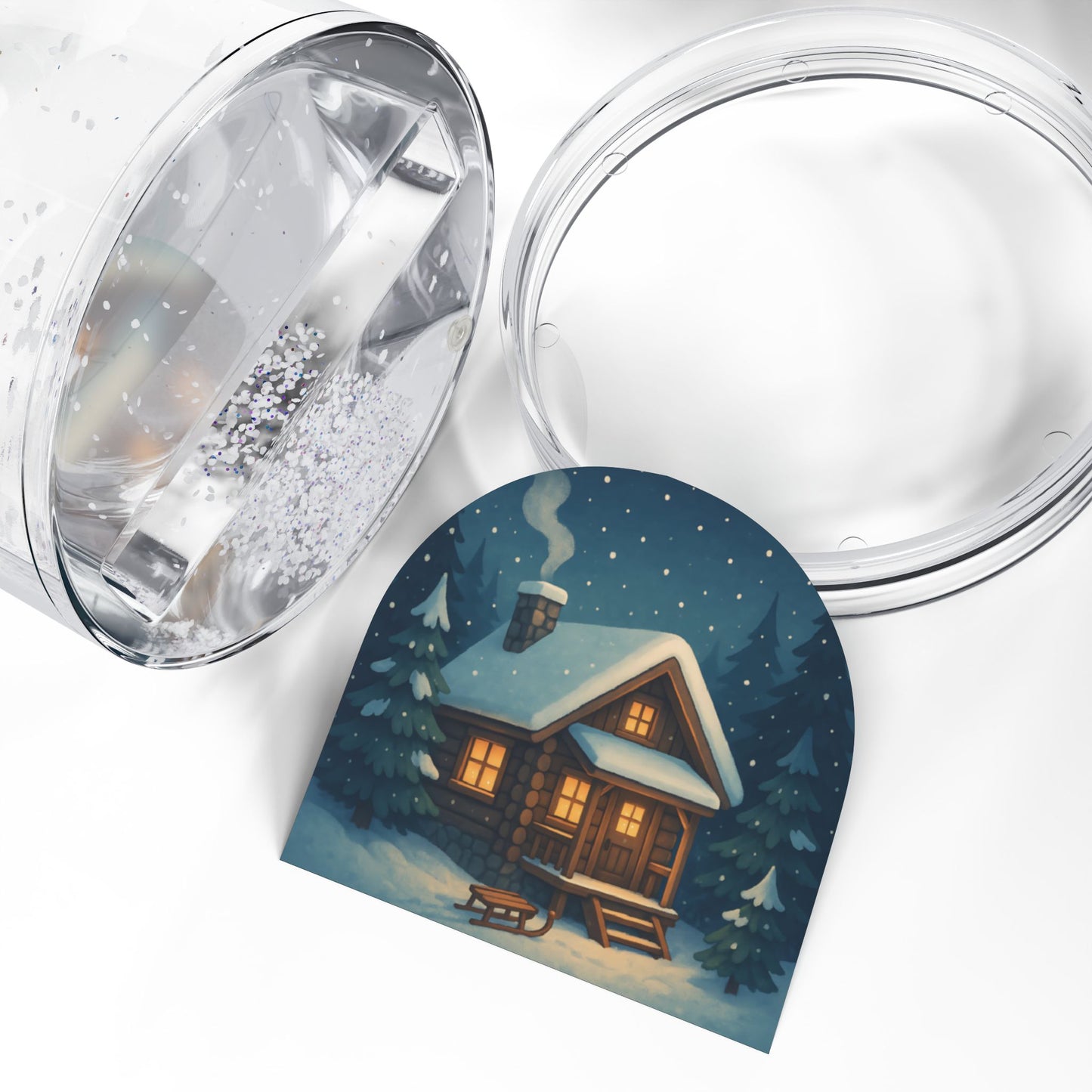 Cozy Cabin Snow Globe – Winter Holiday Decor with Falling Snow & Two-Sided Print