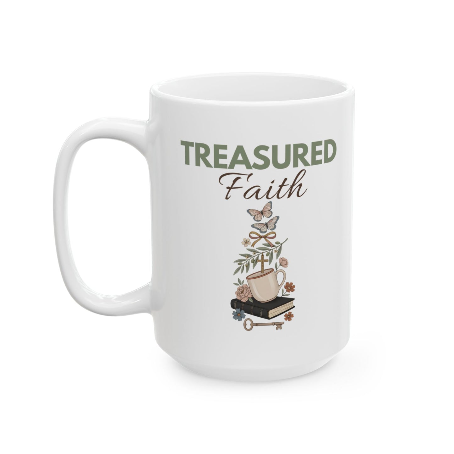 Treasured Faith Ceramic Coffee Mug – Christian Bible Lover Gift – Floral Coffee Cup – Inspirational Religious Mug – 11oz & 15oz