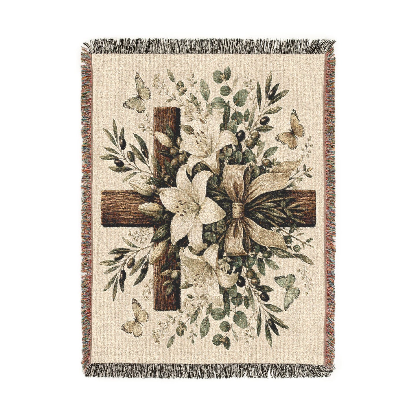 Woven Blanket — Floral Cross Tapestry Throw (Easter / Religious Home Décor)