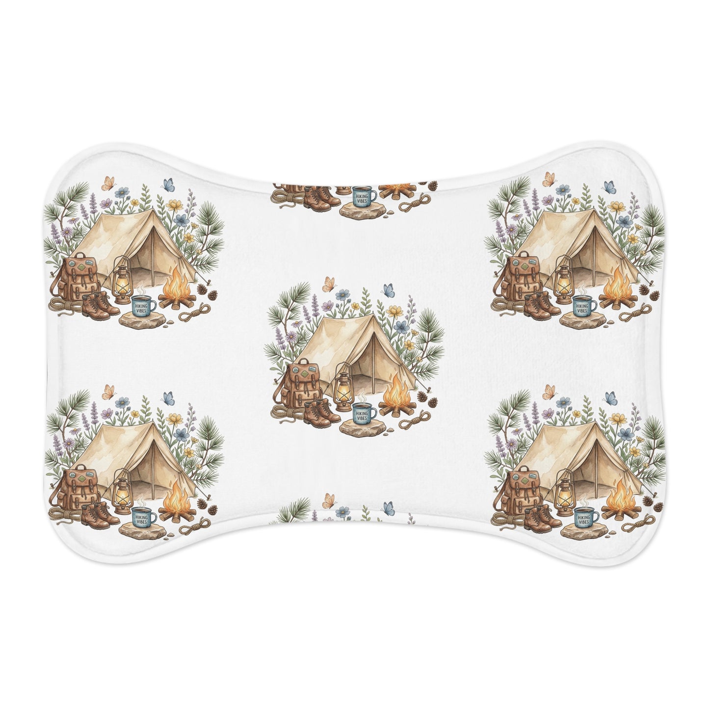 Camping Adventure Pet Feeding Mat — Waterproof Dog Bowl Placemat with Tent & Campfire Design