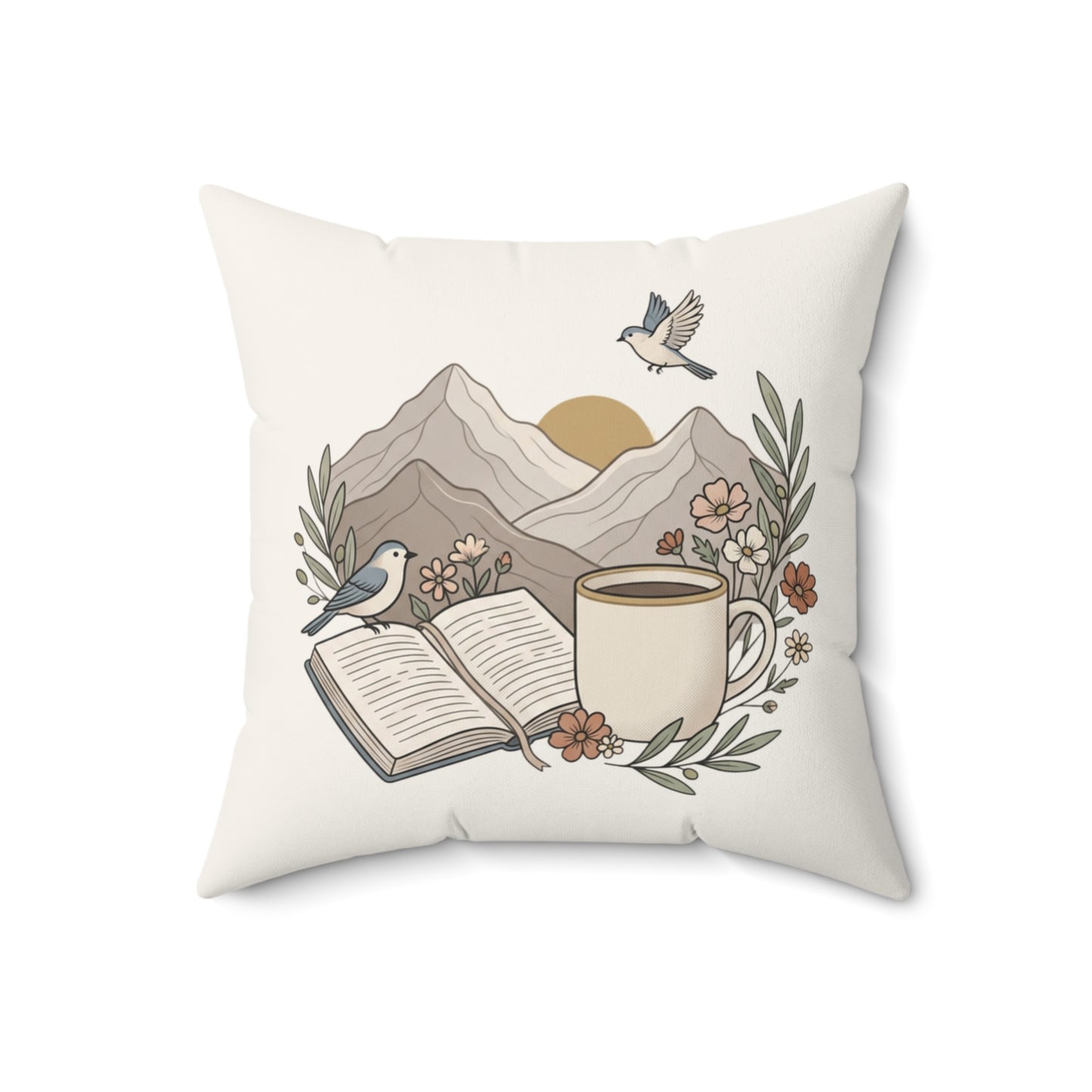 Cozy Book & Coffee Throw Pillow — Mountain Floral Reading Accent