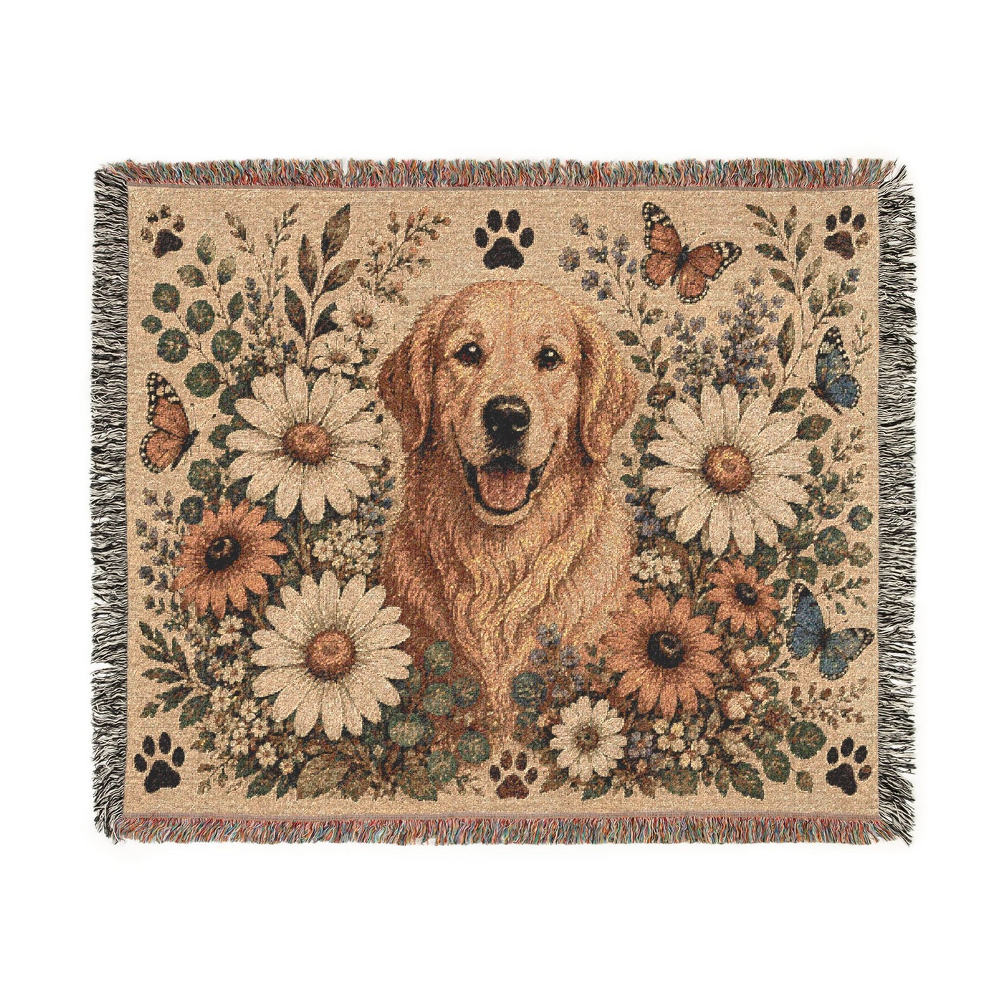 Golden Retriever Floral Woven Blanket — Cozy Throw with Daisies & Butterflies