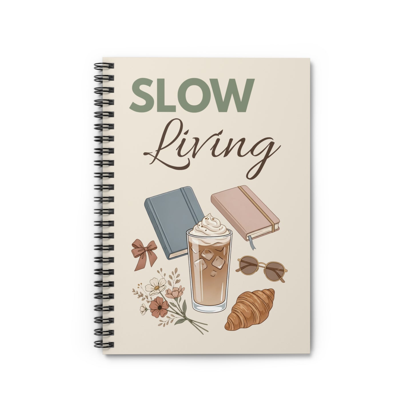 Slow Living Notebook — Ruled Spiral Journal with Cozy Coffee & Books Design