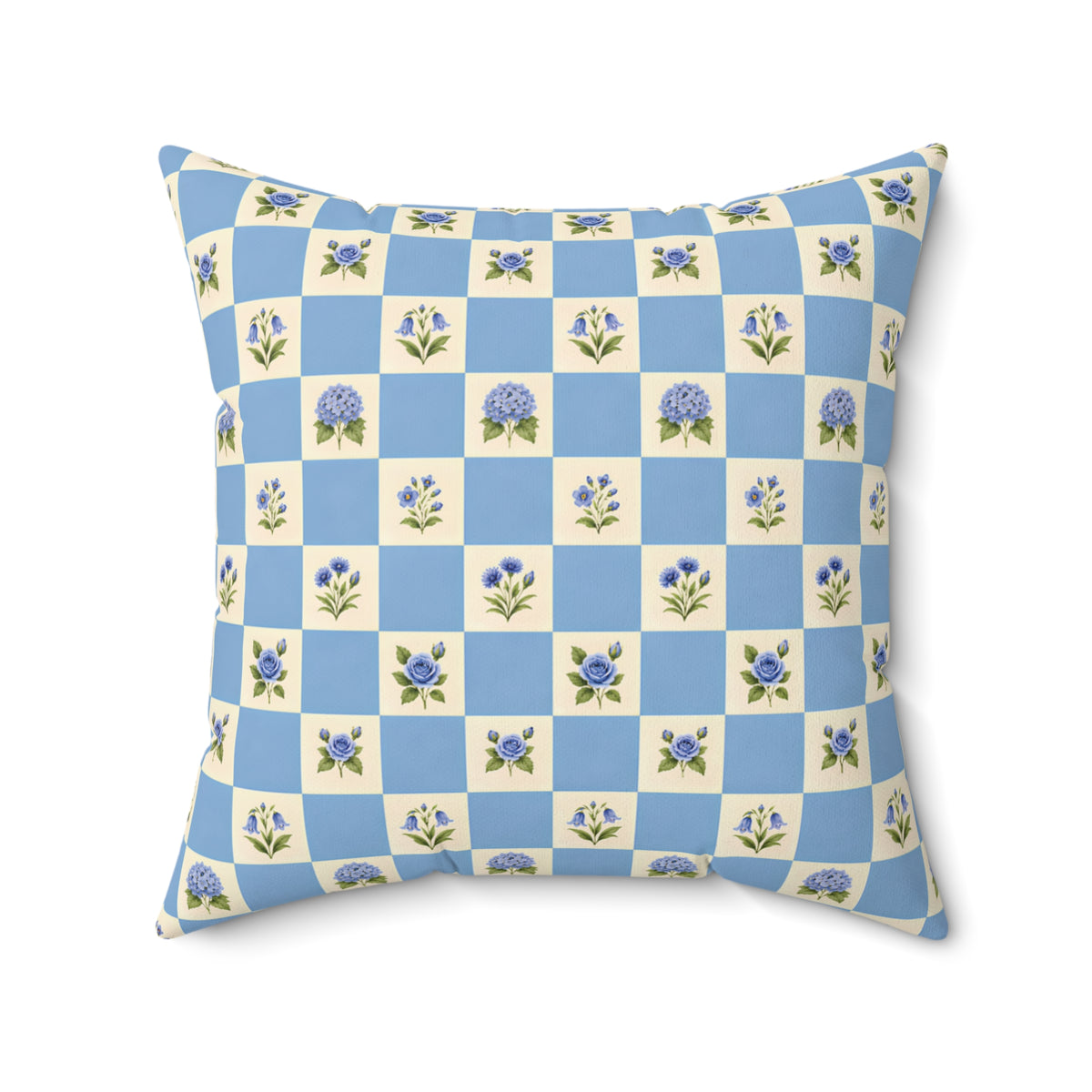 Blue Floral Checkerboard Square Pillow