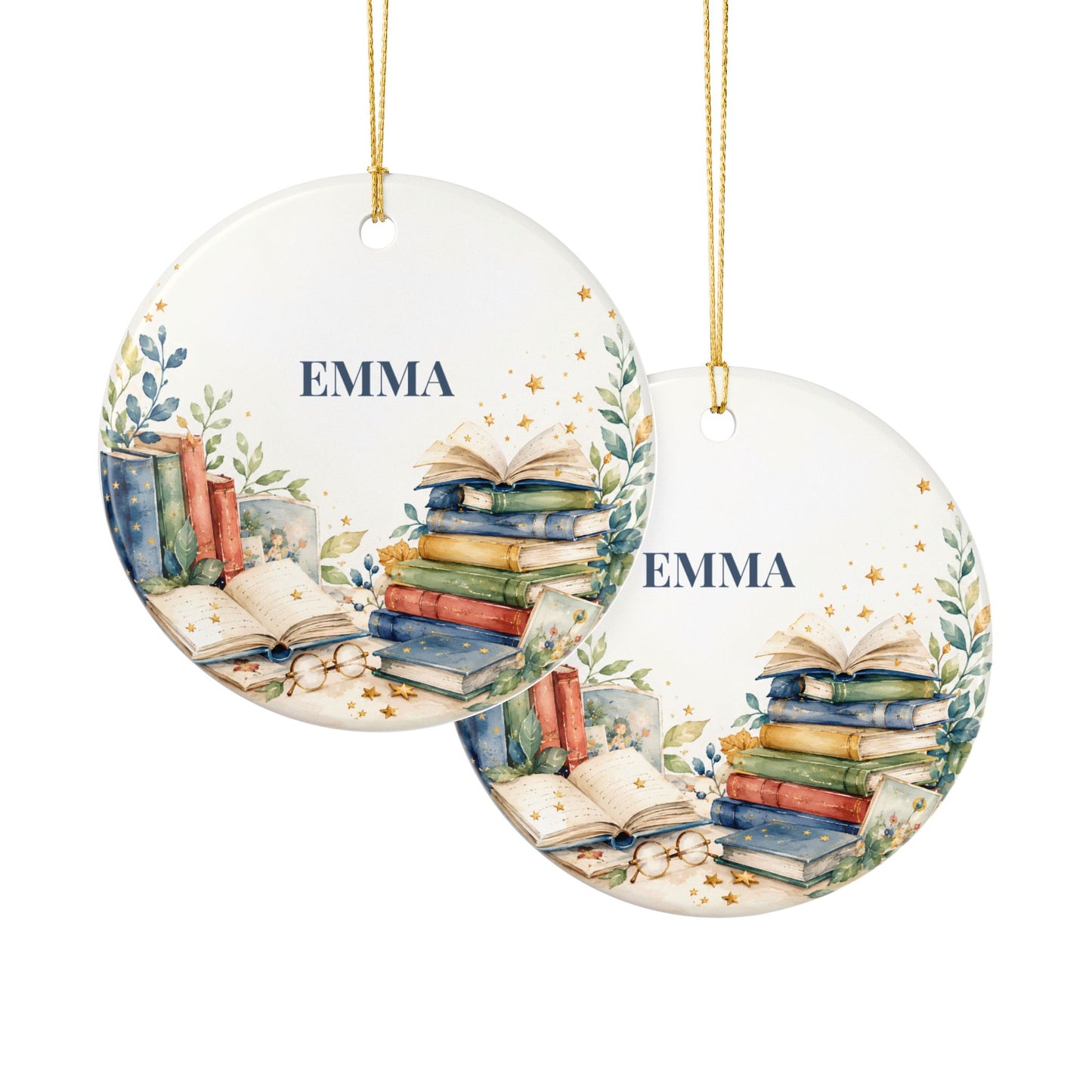 Personalized Book Lover Ceramic Ornament - Custom Name Bookstack Decoration