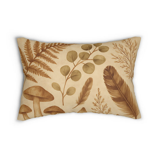 Botanical Mushroom & Fern Lumbar Pillow – Nature-Inspired Neutral Accent