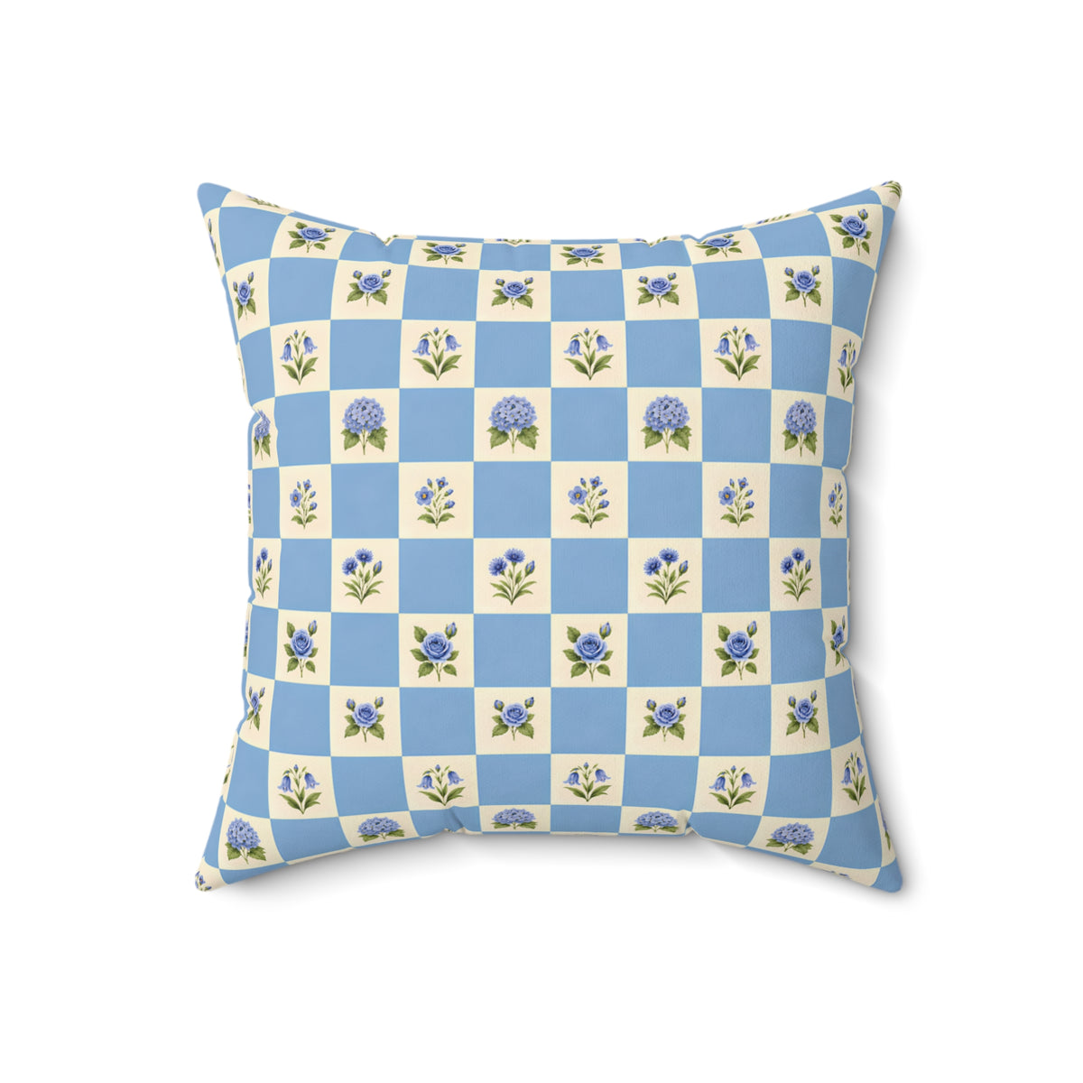 Blue Floral Checkerboard Square Pillow