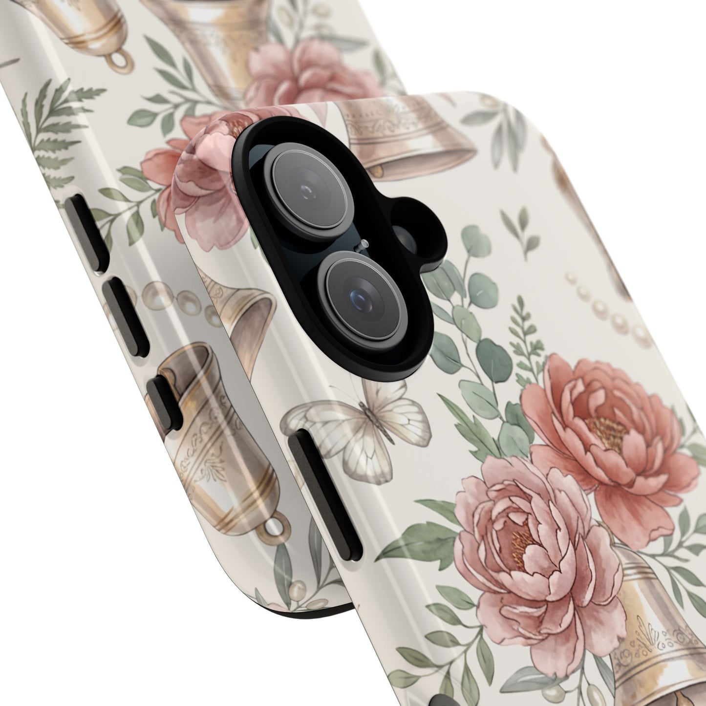 Floral Wedding Bells Phone Case — Vintage Roses, Butterflies & Bow Protective Tough Case