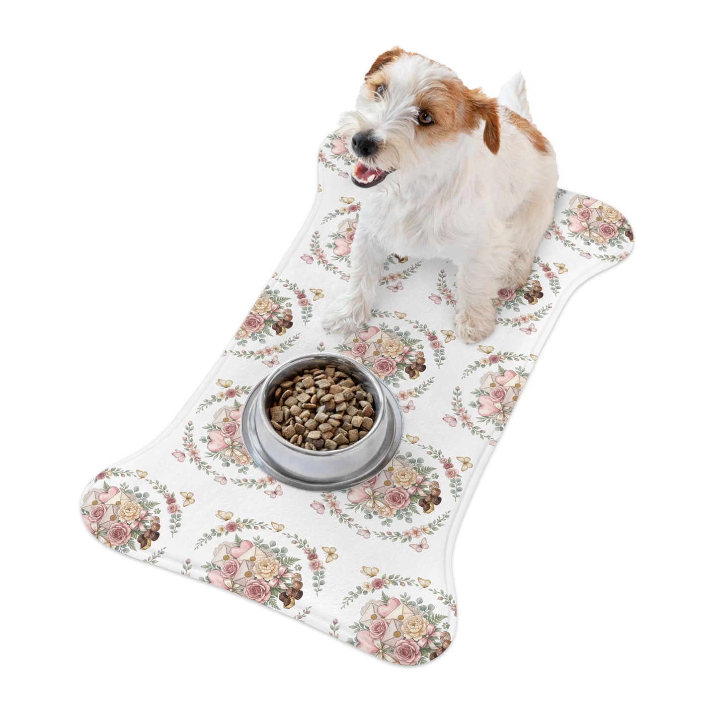 Floral Heart Pet Feeding Mat — Cute Rose & Butterfly Bowl Placemat for Dogs