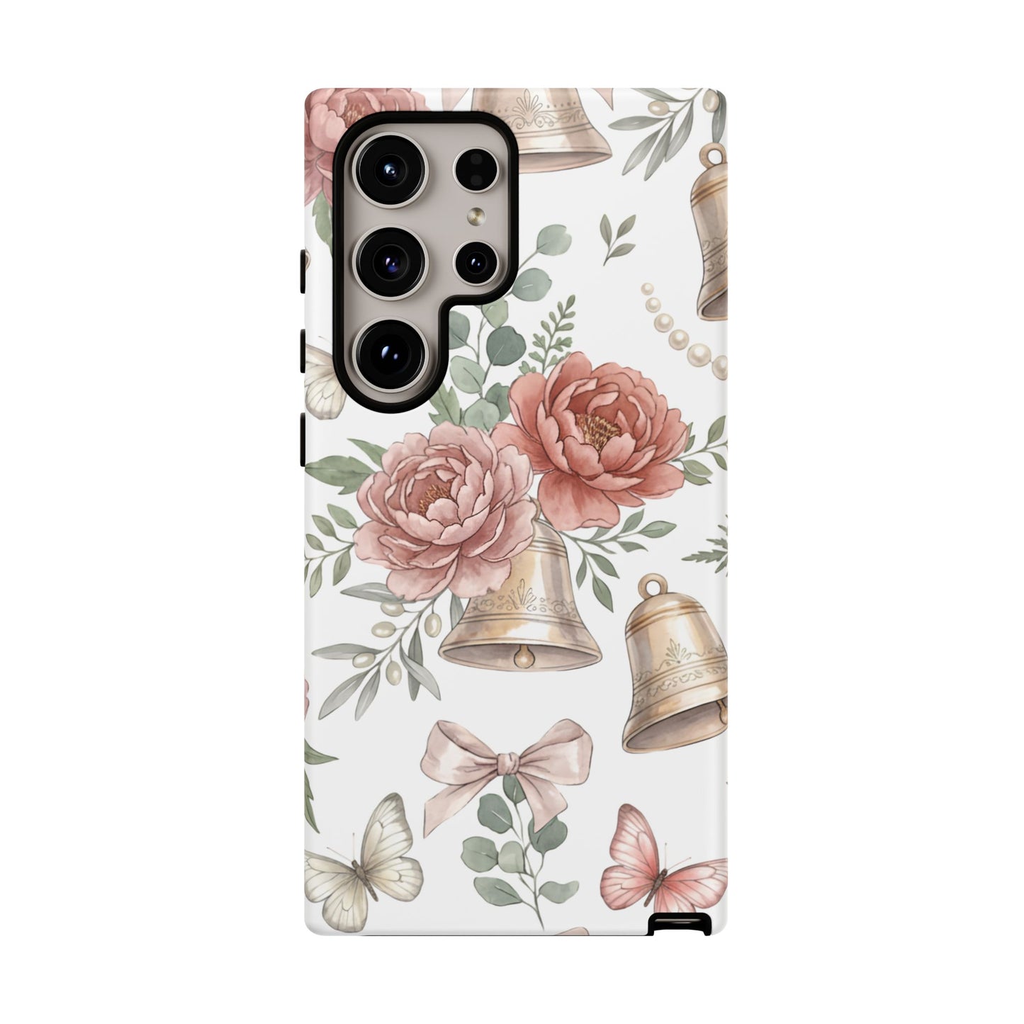 Floral Wedding Bells Phone Case — Vintage Roses, Butterflies & Bow Protective Tough Case
