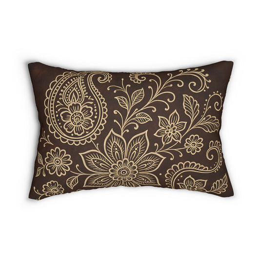 Boho Paisley Floral Lumbar Pillow – Brown & Beige Decorative Cushion