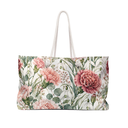 Floral Carnation Weekender Bag — Pink Botanical Travel Tote