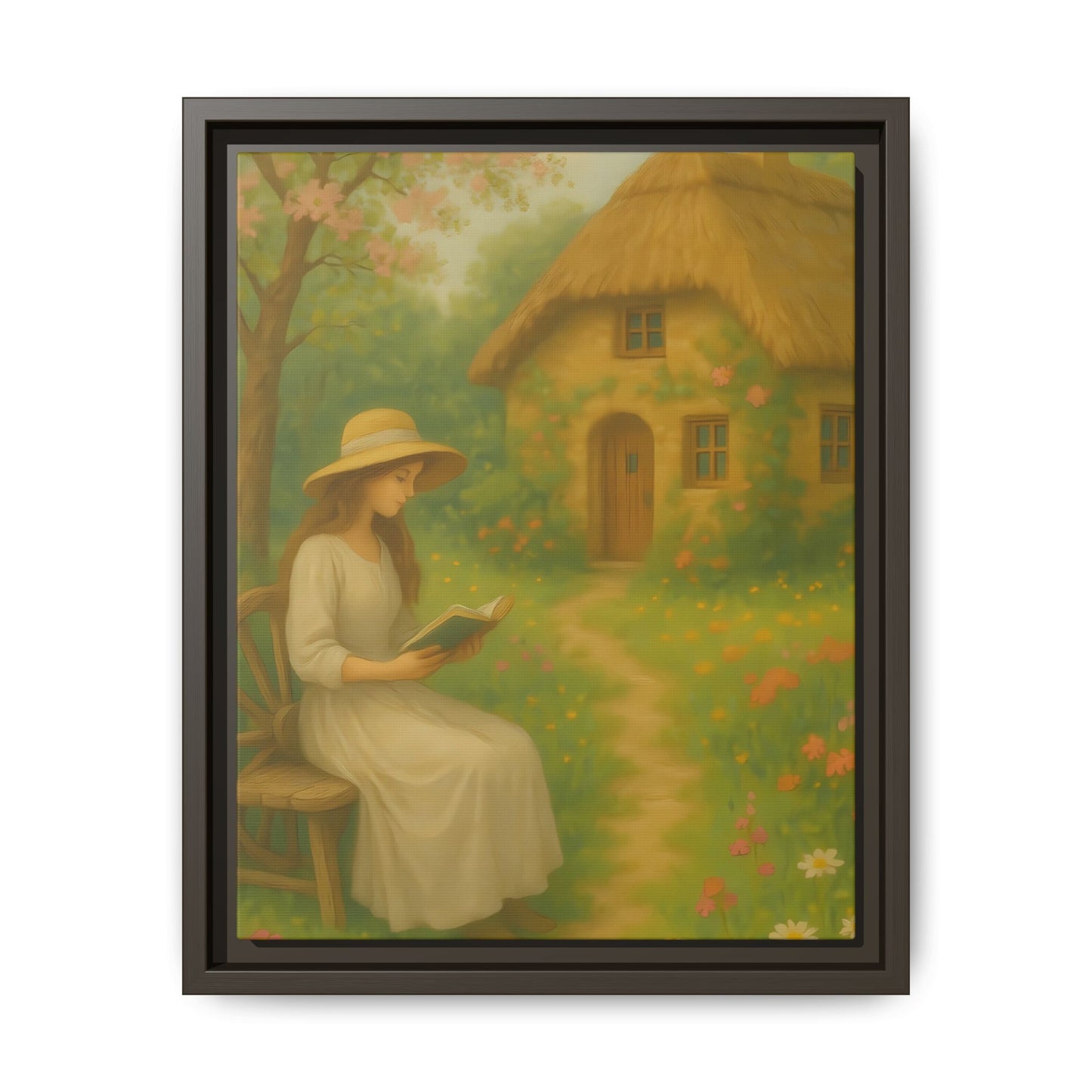 Cottage Garden Reader – Framed Matte Canvas Wall Art of Woman Reading by a Thatched Cottage