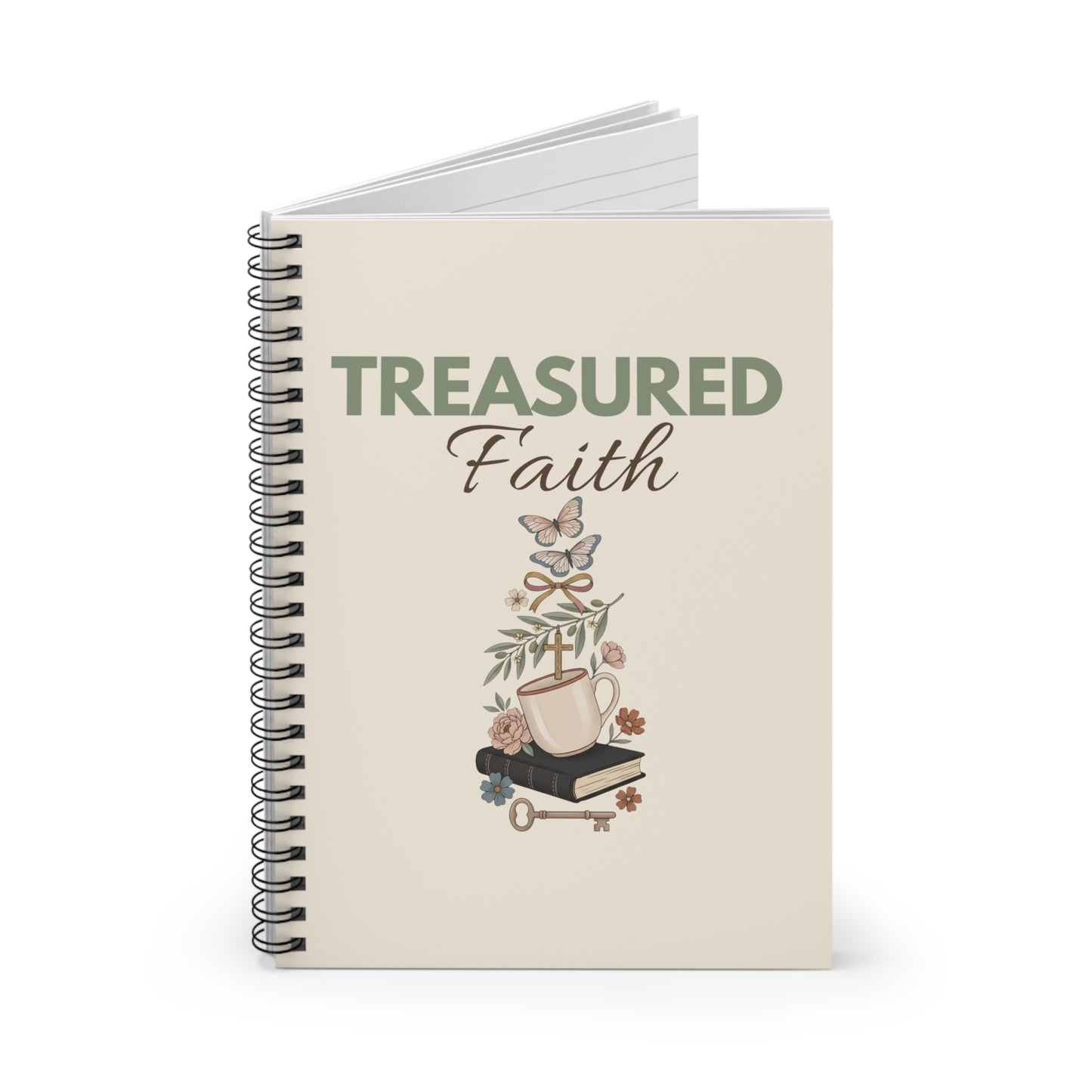 Treasured Faith Spiral Notebook — Christian Journal with Floral Cross & Scripture Motif