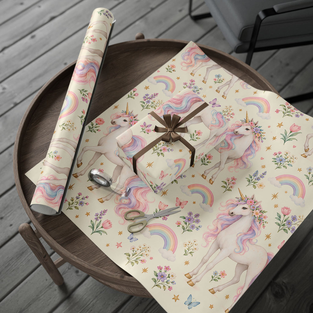 Unicorn Floral Wrapping Paper Roll — Pastel Rainbow Gift Wrap