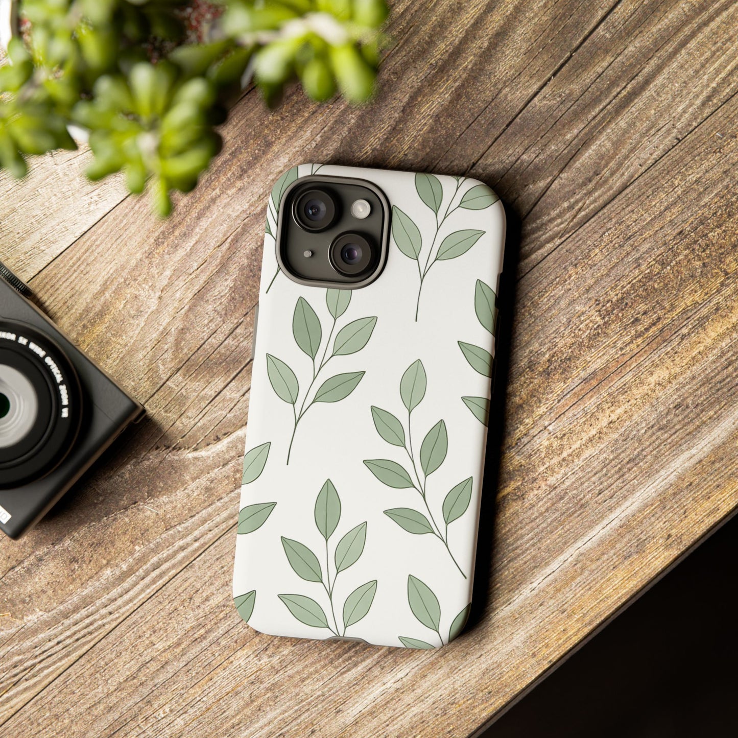 Minimalist Green Leaf Phone Case – Elegant Botanical Pattern on White