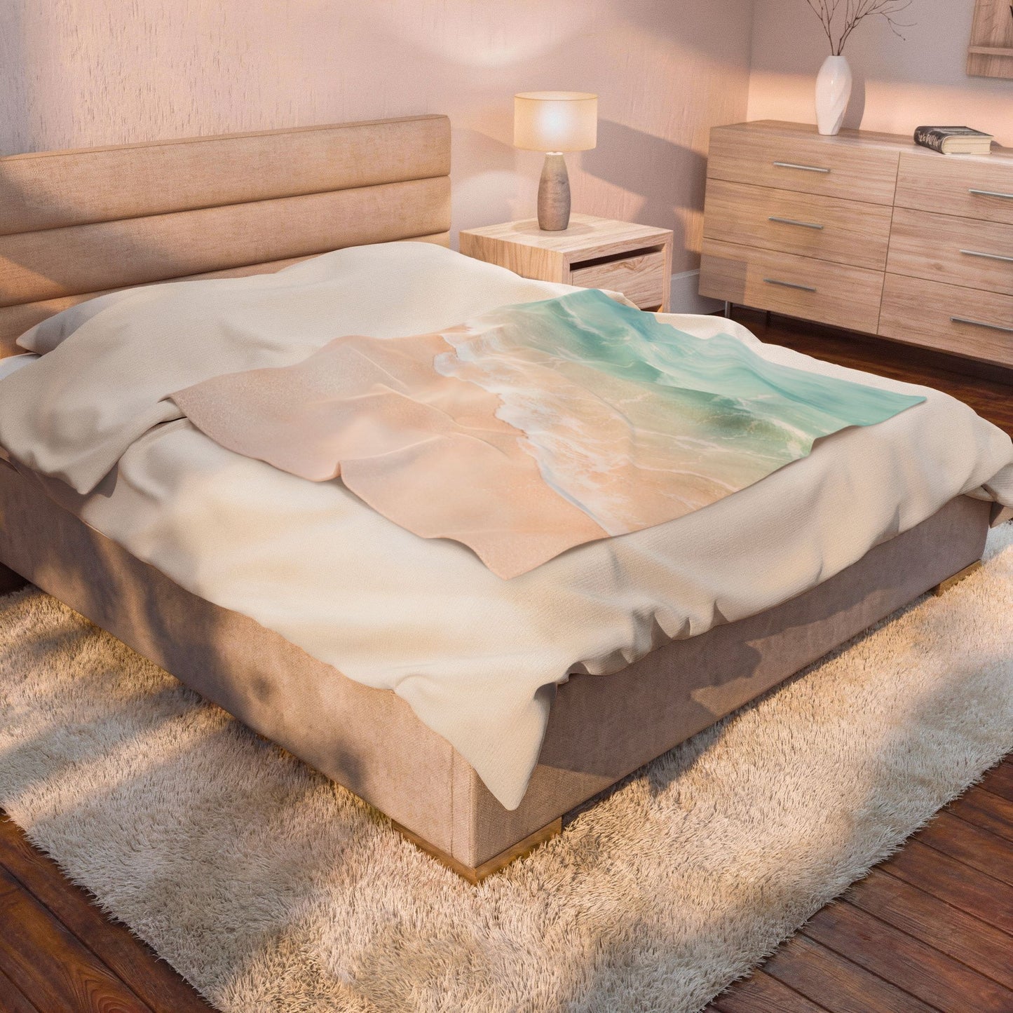 Beach Waves Velveteen Plush Blanket — Soft Pastel Ocean Shore Throw