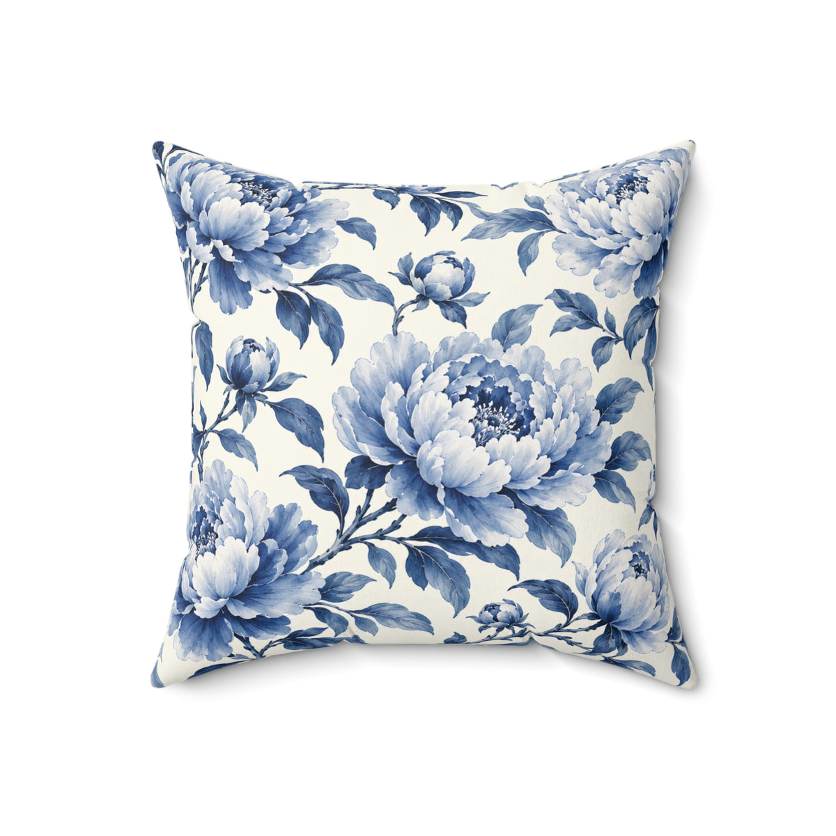 Blue Floral Throw Pillow — Vintage Peony Accent Cushion