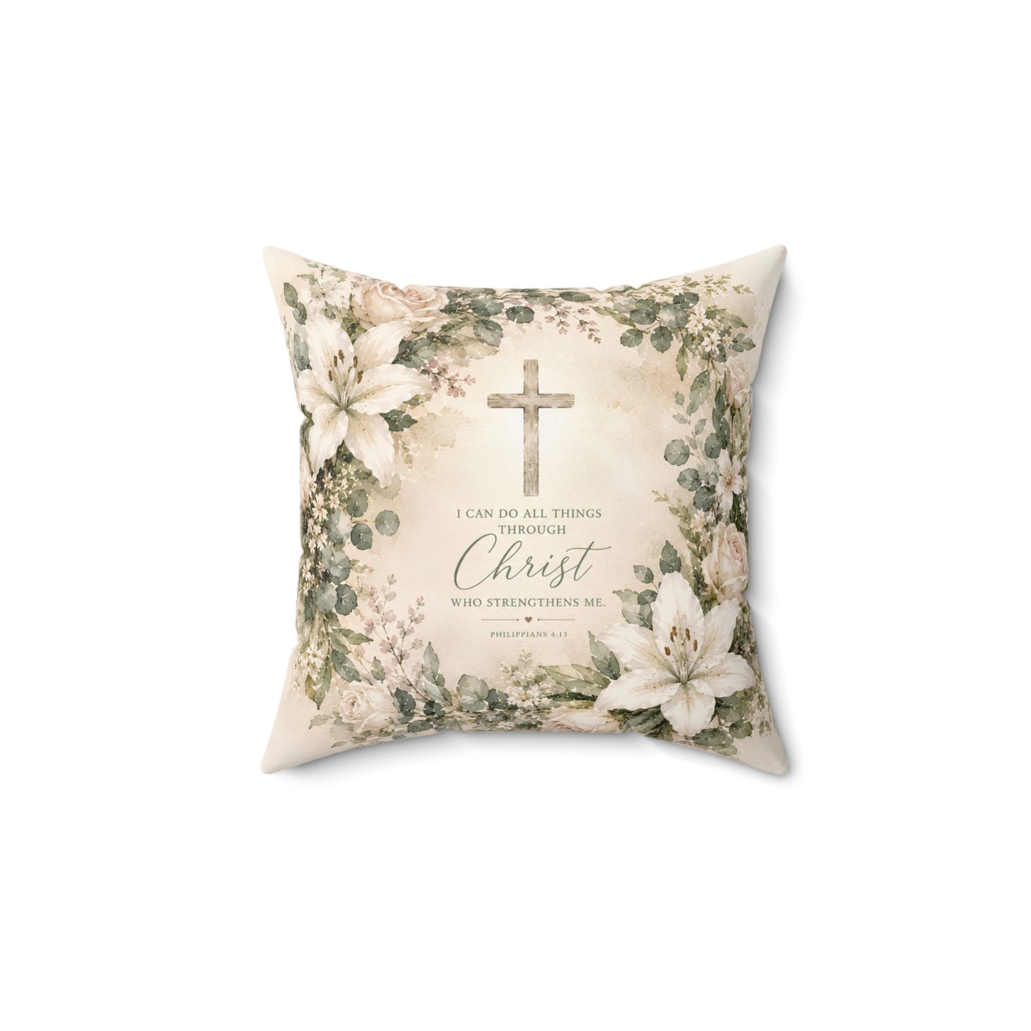 Christian Floral Cross Pillow — "I Can Do All Things Through Christ" Inspirational Decorative Cushion