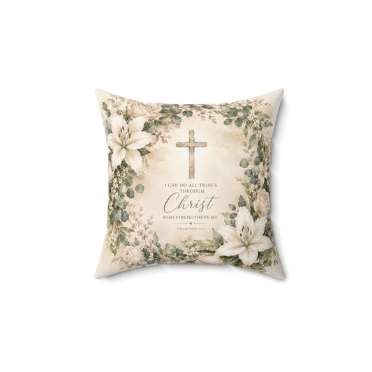 Christian Floral Cross Pillow — "I Can Do All Things Through Christ" Inspirational Decorative Cushion