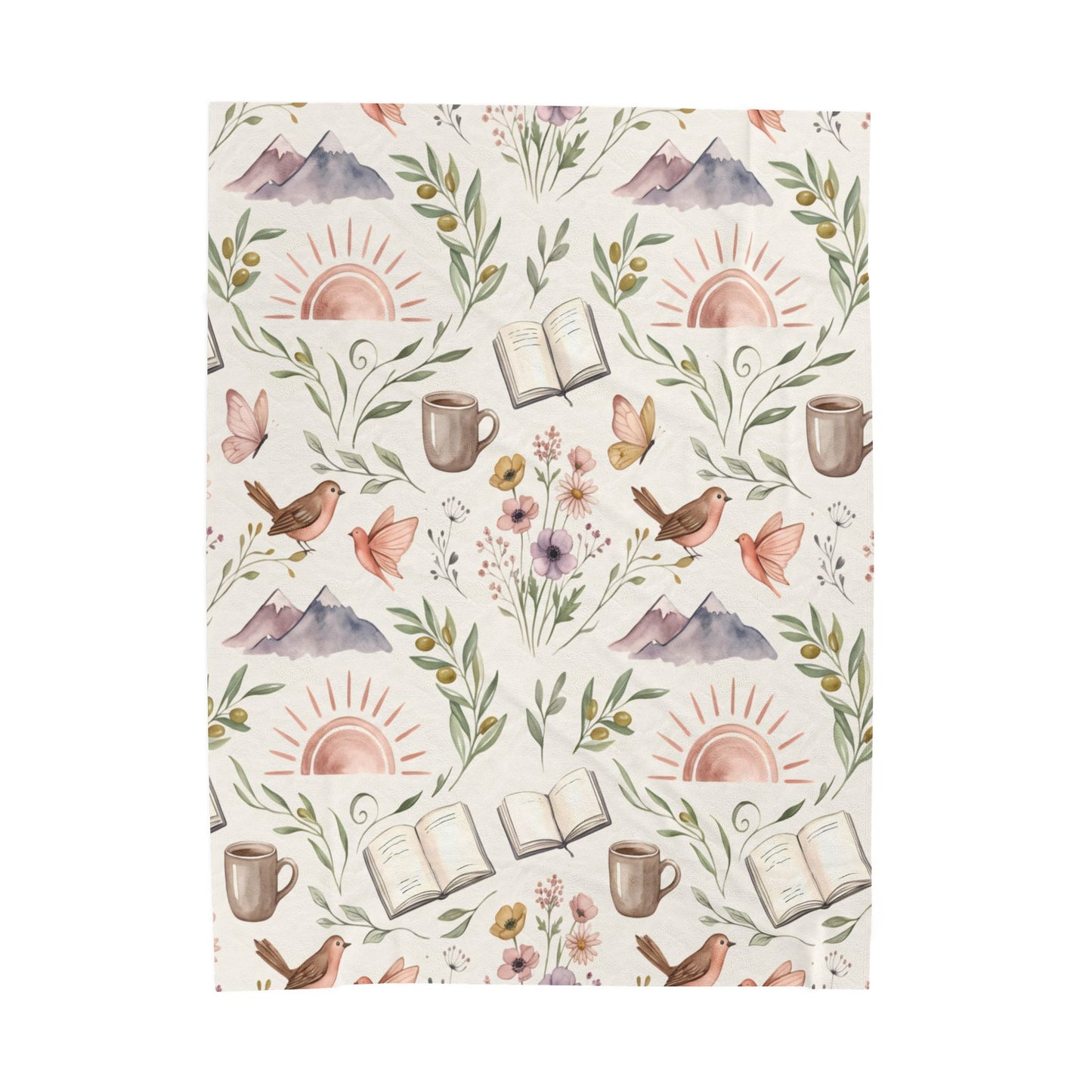 Cozy Bookish Floral Velvet Plush Blanket — Sun, Mountains & Tea Pattern