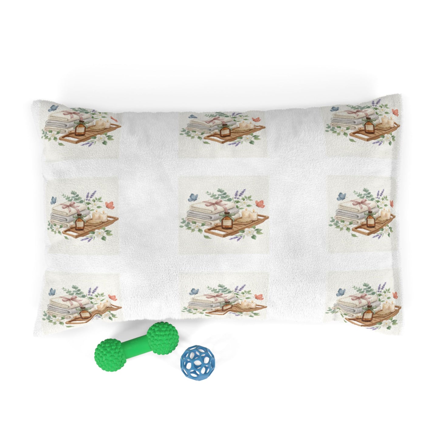 Spa Day Pet Bed – Watercolor Towels & Botanicals Print for Dogs