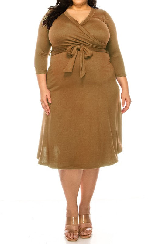 Plus size, solid faux wrap dress Mocha / XL