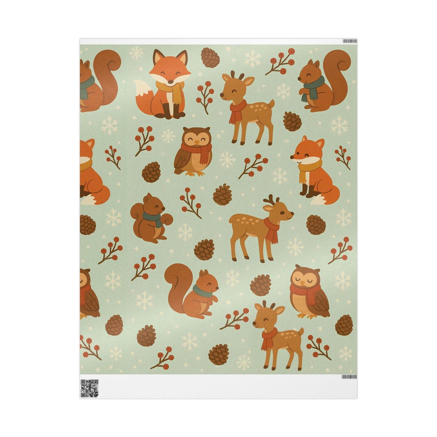 Woodland Winter Friends Wrapping Paper – Fox, Deer, Owl & Squirrel in Cozy Scarves