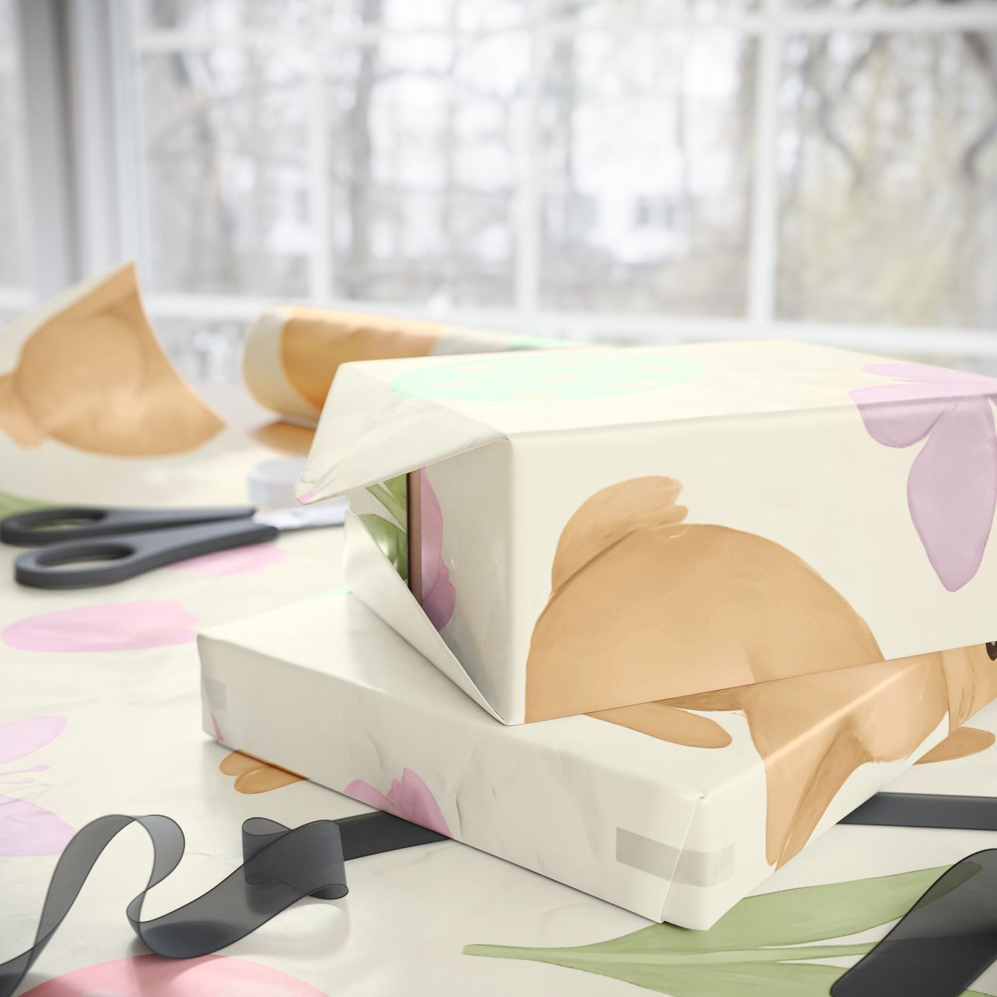 Pastel Easter Wrapping Paper – Bunnies, Eggs, Tulips & Butterflies on Cream Background
