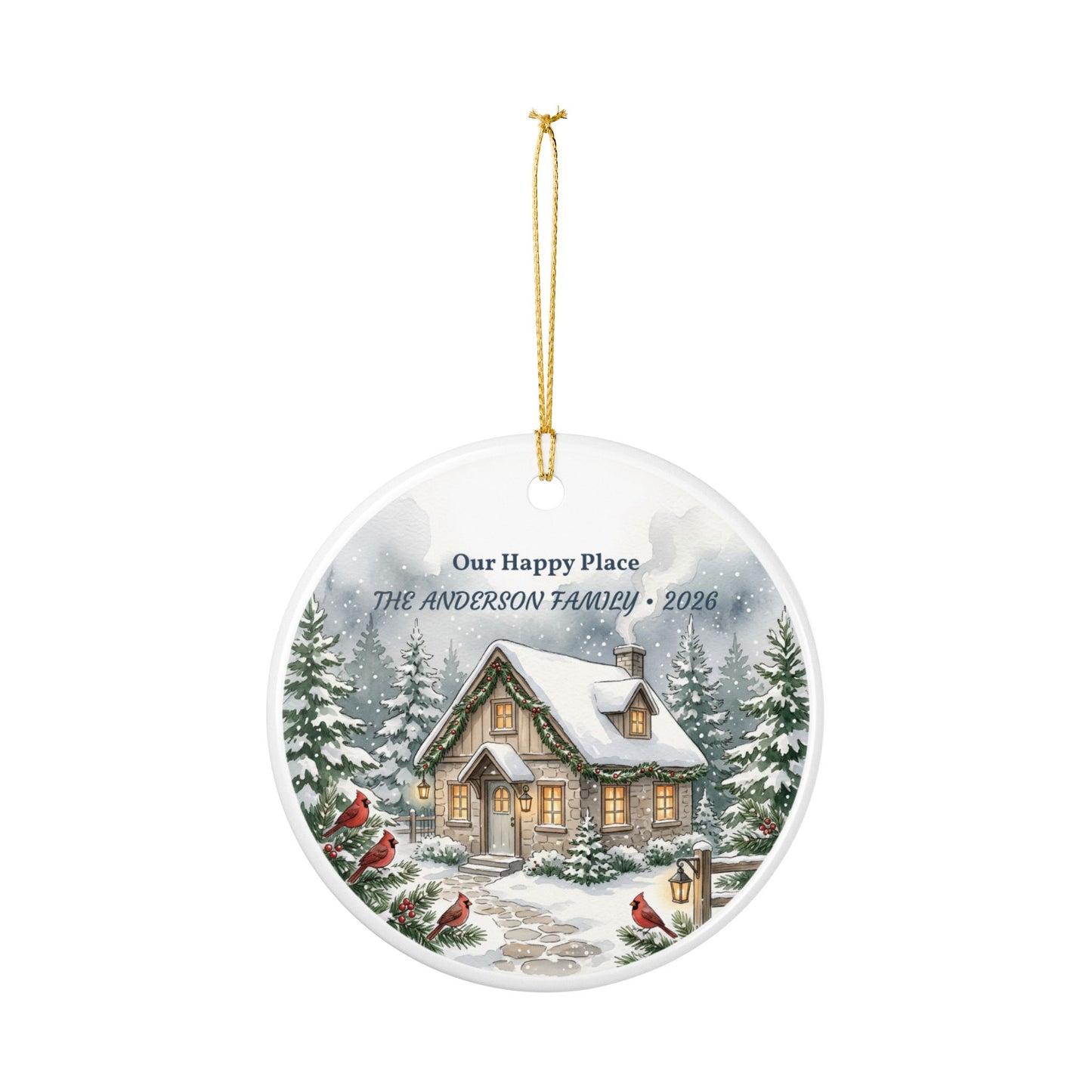 Personalized Ceramic Christmas Ornament – “Our Happy Place” Snowy Cottage with Family Name & Year