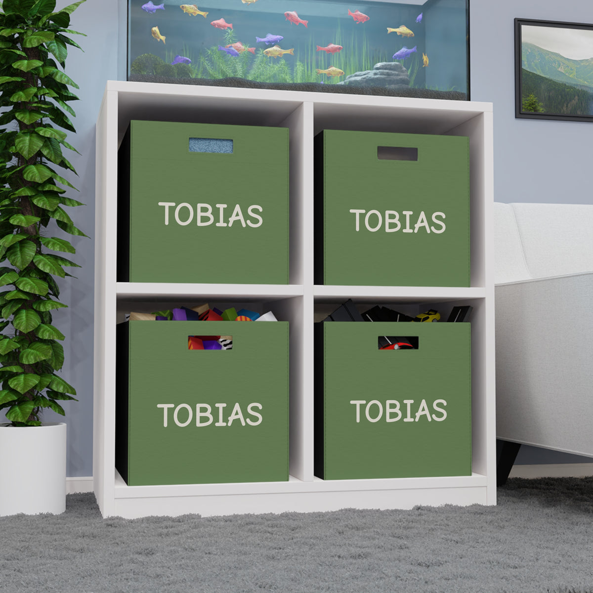Personalized Felt Storage Box – Olive Green Kids Toy Bin with Name (TOBIAS)