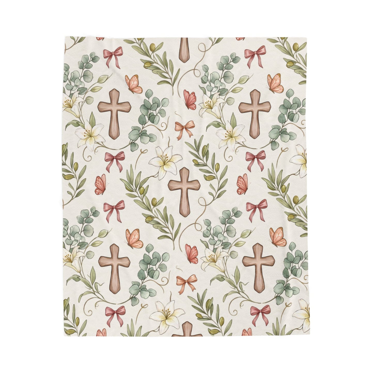 Religious Floral Cross Velveteen Plush Blanket — Soft Christian Comfort Throw