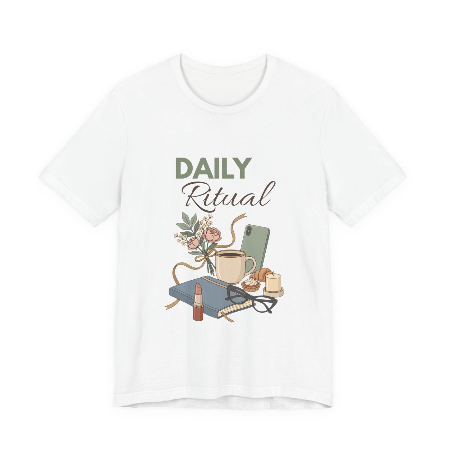 White t-shirt with 'Daily Ritual' graphic design featuring a cup, book, and glasses on a white background.