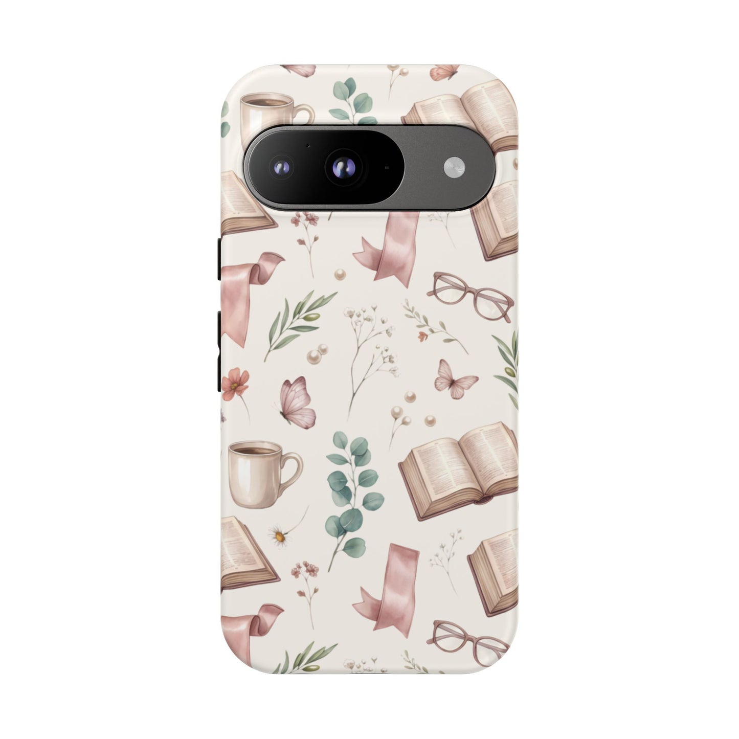 Bookish Floral Phone Case — Cozy Reading Pattern with Open Books, Glasses & Coffee