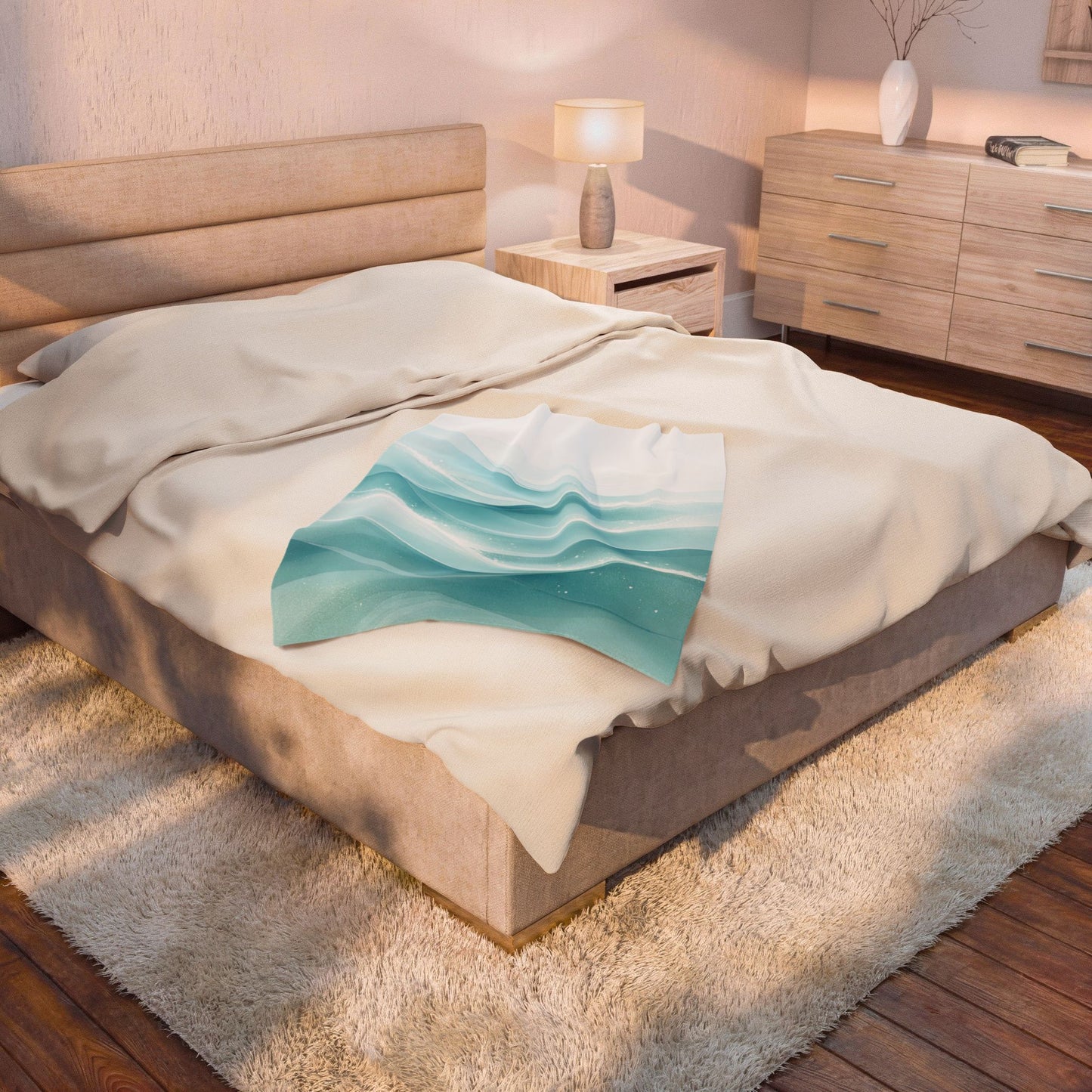 Aqua Wave Velveteen Plush Blanket — Soft Ocean Blue Throw for Cozy Bedrooms & Beach House Decor