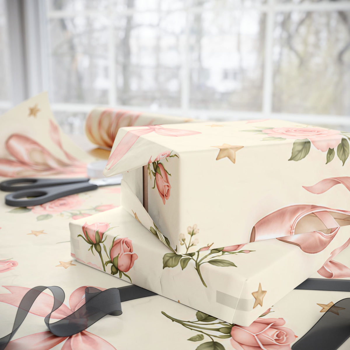 Vintage Ballet Floral Wrapping Paper Roll — Pink Shoes & Roses Gift Wrap